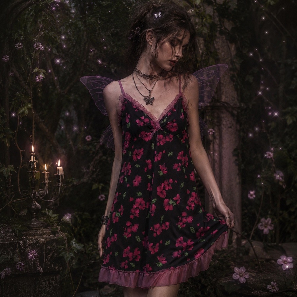 Y2K Fairy Grunge Babydoll Slip Dress Black Pink Floral Mesh Trim Whimsigoth